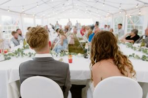 bride and groom speeches in an outdoor tent wedding in Nova Scotia wedding photography, Pugwash intimate wedding photographer