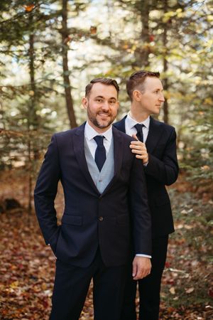 groom wedding portraits same sex wedding photographer New Brunswick, Moncton fall outdoor wedding photography true to colour fine art