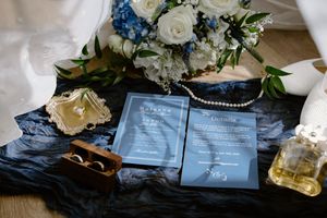 wedding flat lay detail photography luxury wedding photography in Canada, blue and white wedding theme photography New Brunswick fine art