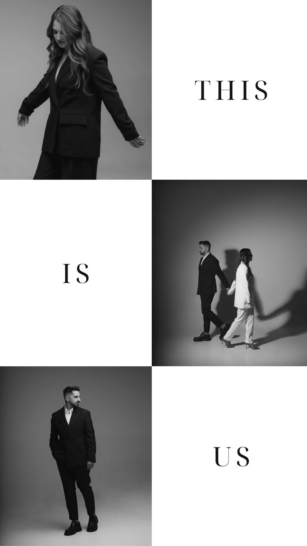 Black and white fashion editorial grid featuring stylish formal outfits and the text 'THIS IS US'.