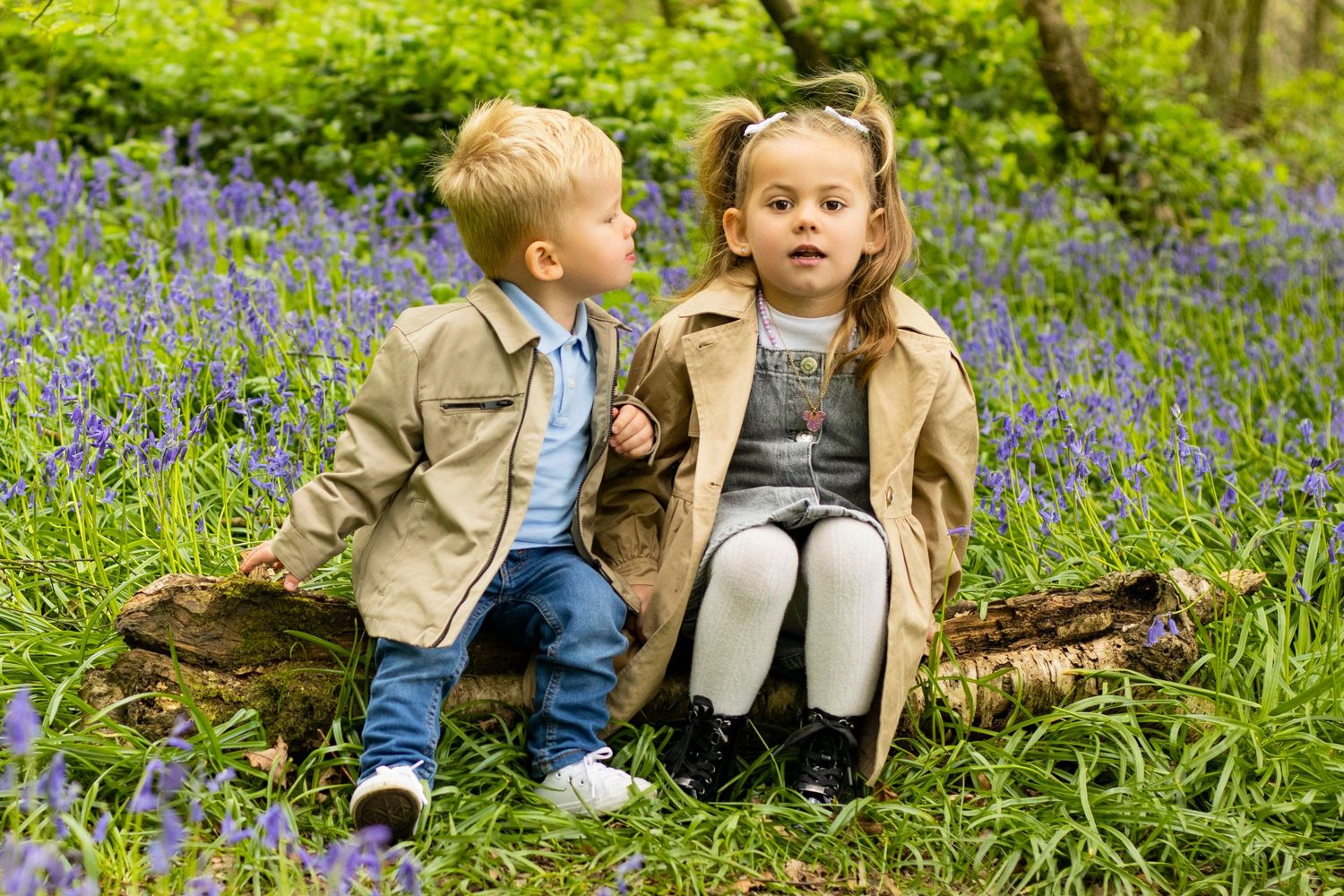 Two children sit together on a log surrounded by purple bluebells in a woodland setting.