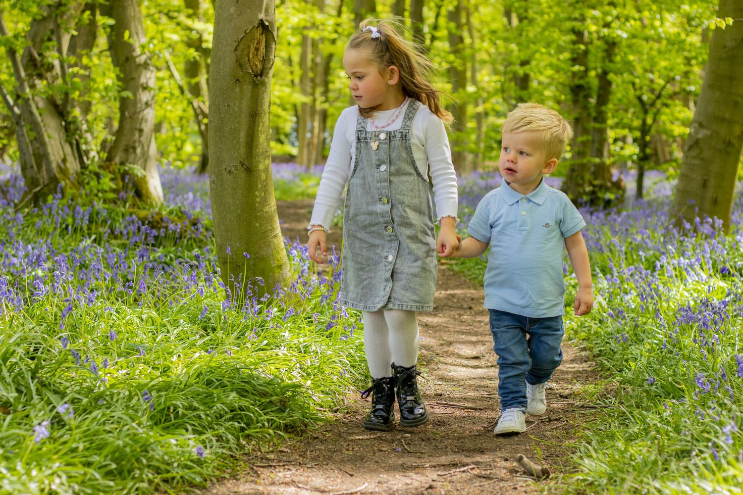 Children walking along a woodland path surrounded by blooming bluebells in springtime.