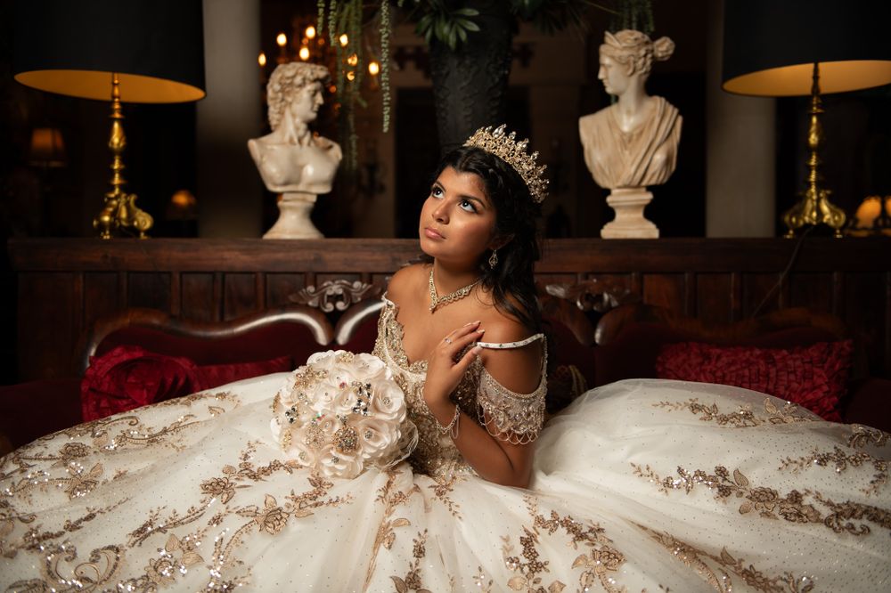A spectacular ball gown with intricate embroidery photographed in an elegant interior setting.