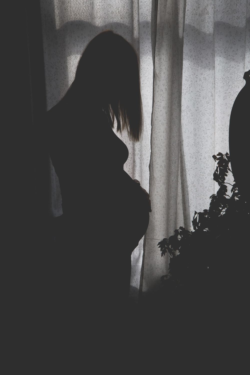 A dramatic silhouette of an expectant figure against curtained window light.