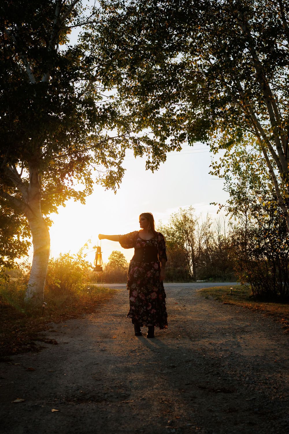 Silhouettes of people walking along a tree-lined path at sunset with golden sunlight filtering through branches.
