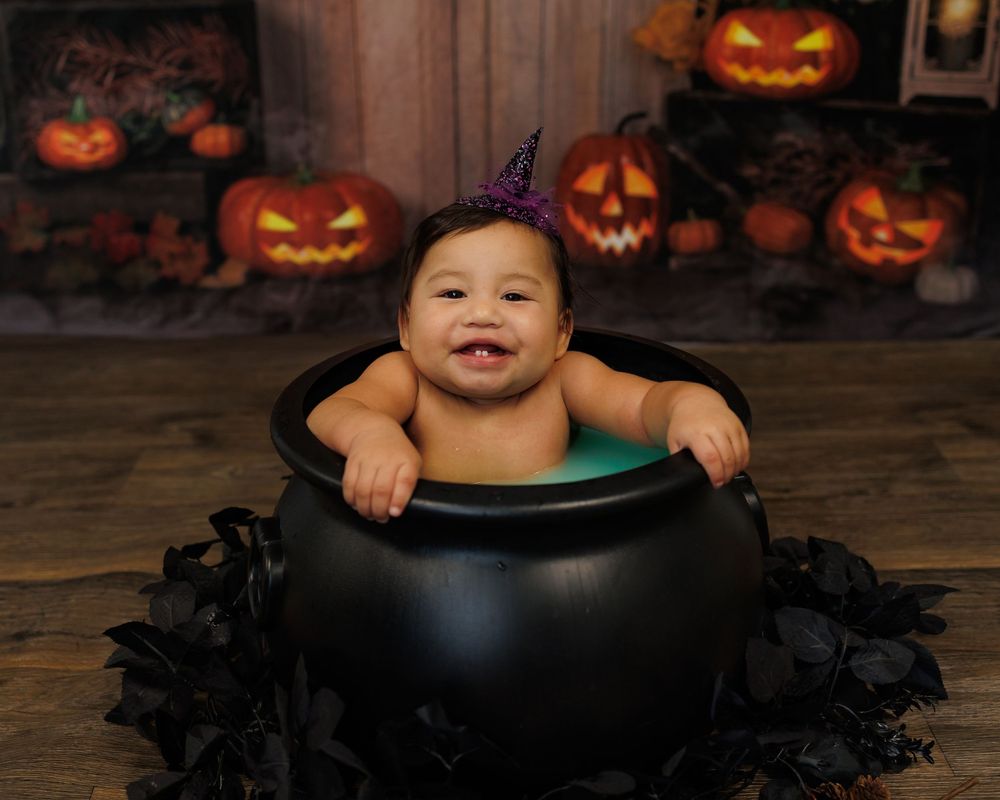 A sequence of Halloween-themed photos showing carved pumpkins and spooky decorations in a dark setting.