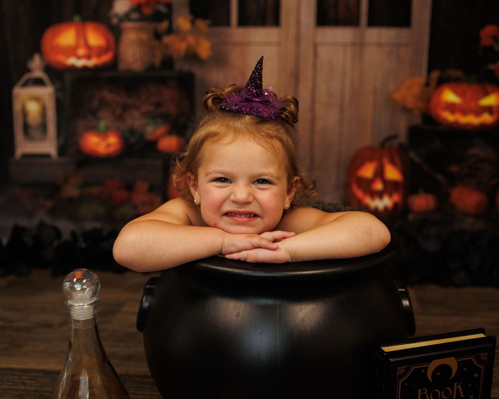 A Halloween-themed photo series shows carved pumpkins and decorations in a cozy indoor setting with warm lighting.