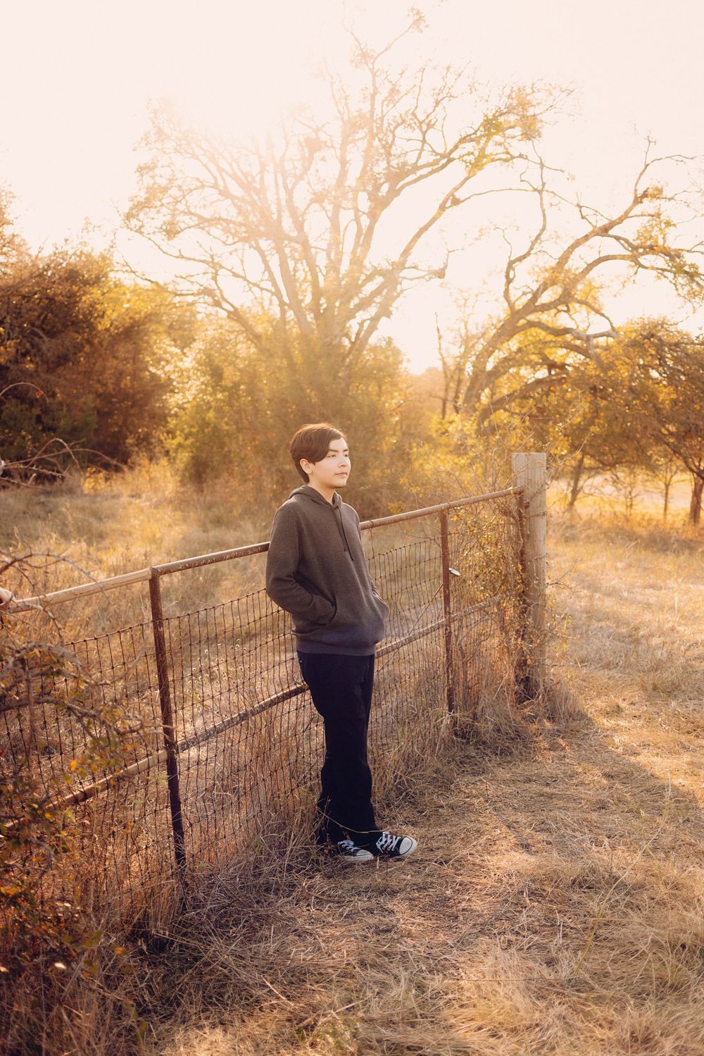 A person stands by a wire fence at sunset while golden light filters through autumn trees in the background.