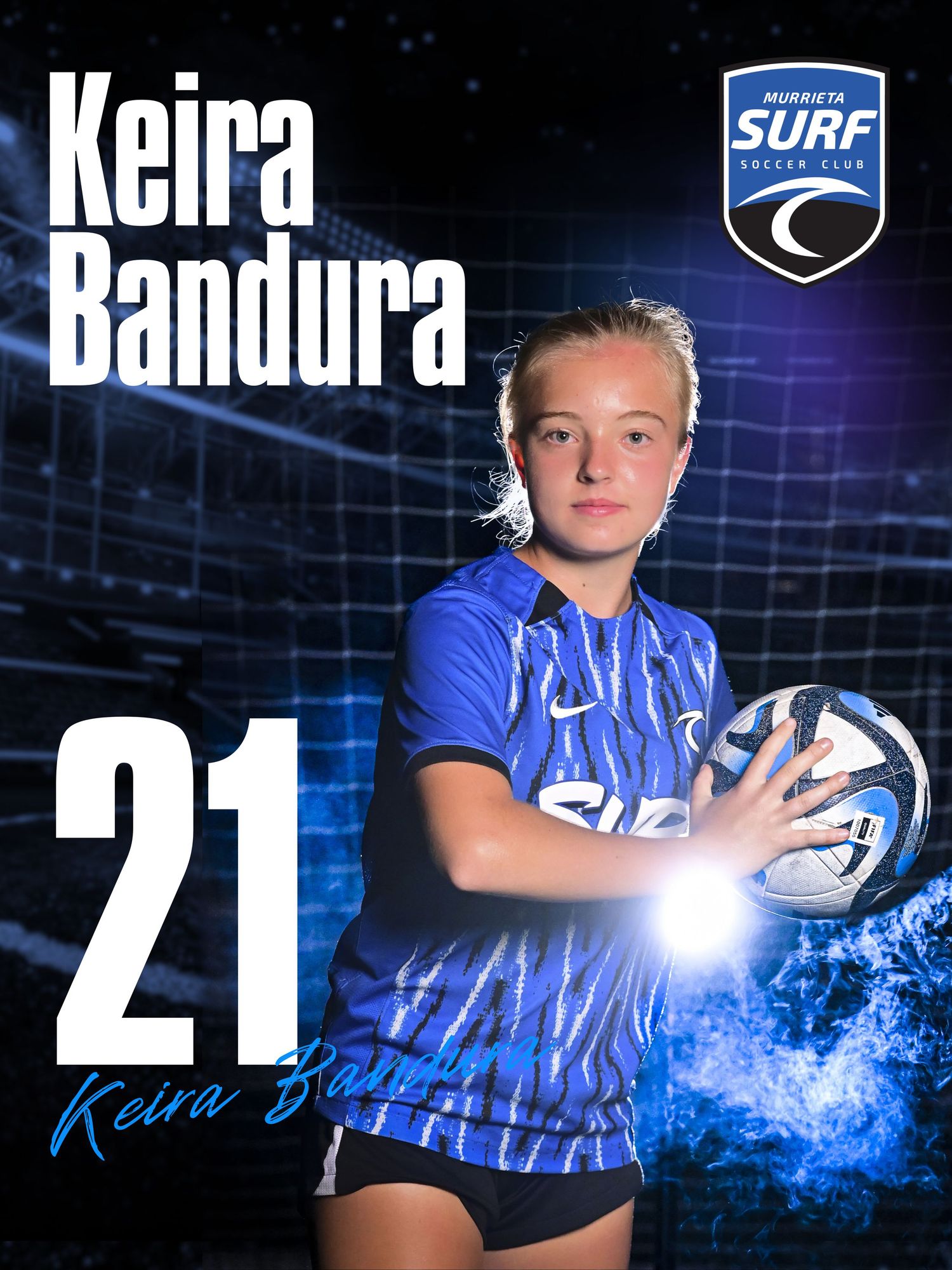 Youth volleyball sports portrait featuring player number 21 in blue uniform holding ball with dramatic lighting effects.