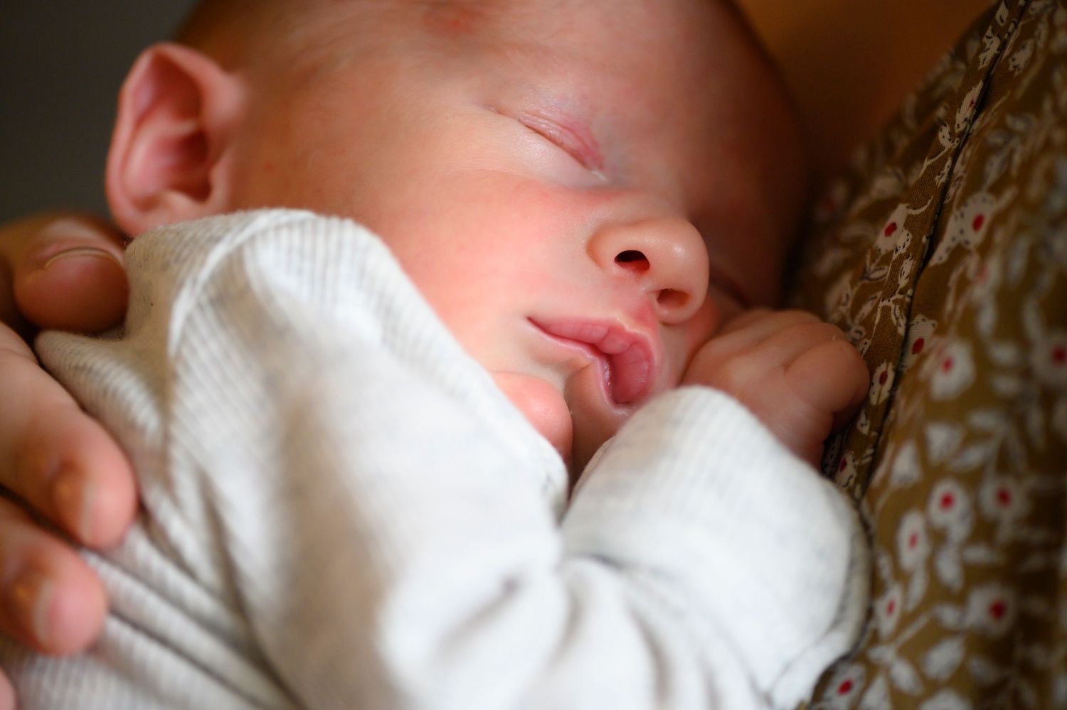A peaceful sleeping baby wrapped in soft white clothing rests against a patterned background.
