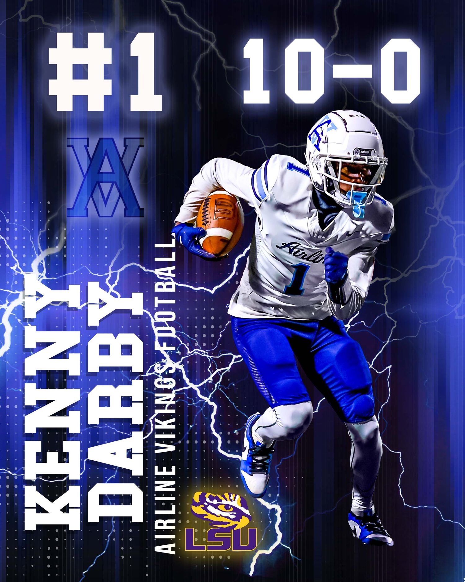 Football player in white and blue uniform with #1 jersey runs with ball against dark background with lightning effects.