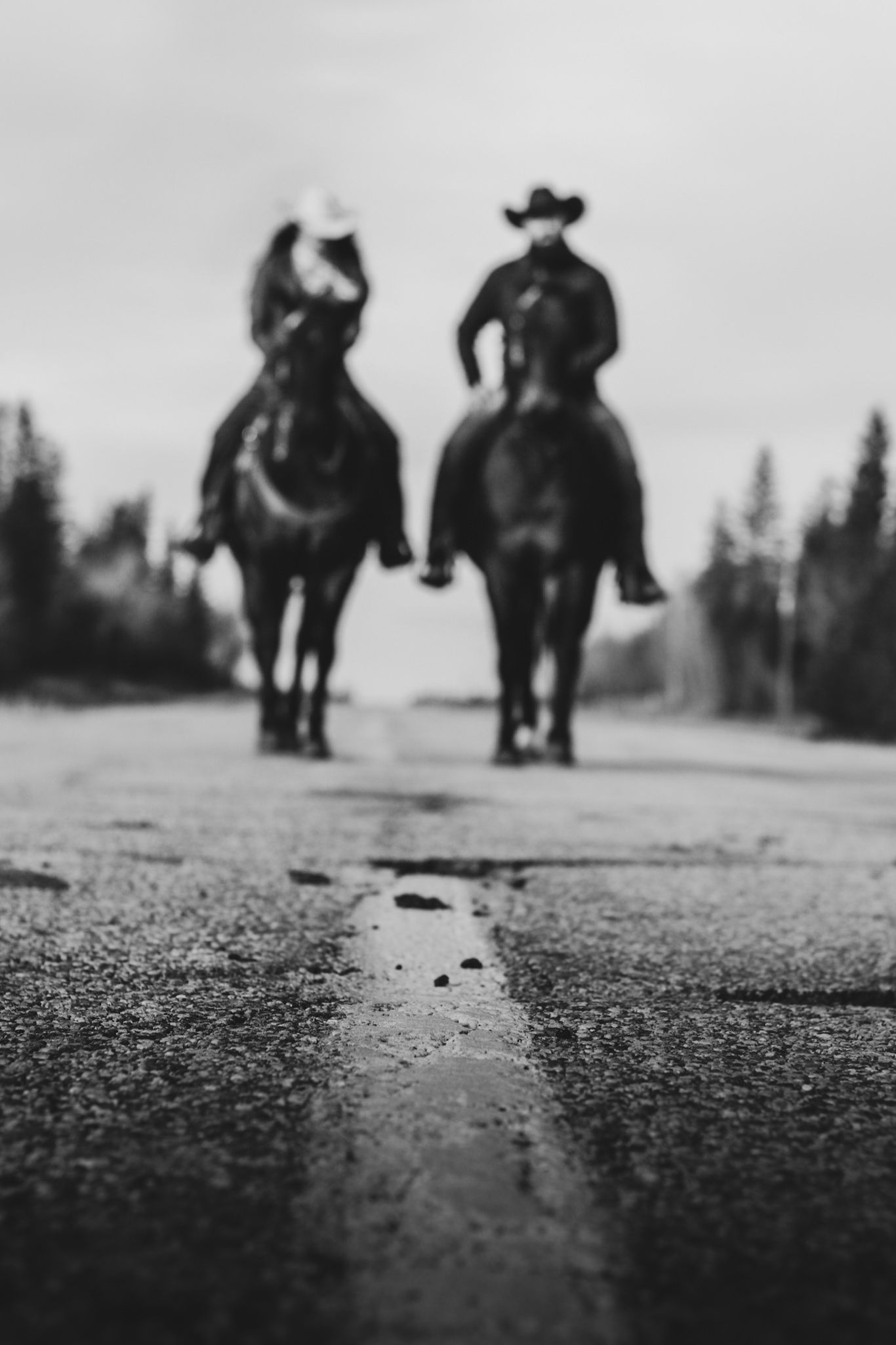 Two riders on horseback silhouetted against a foggy forest background on a wet road.