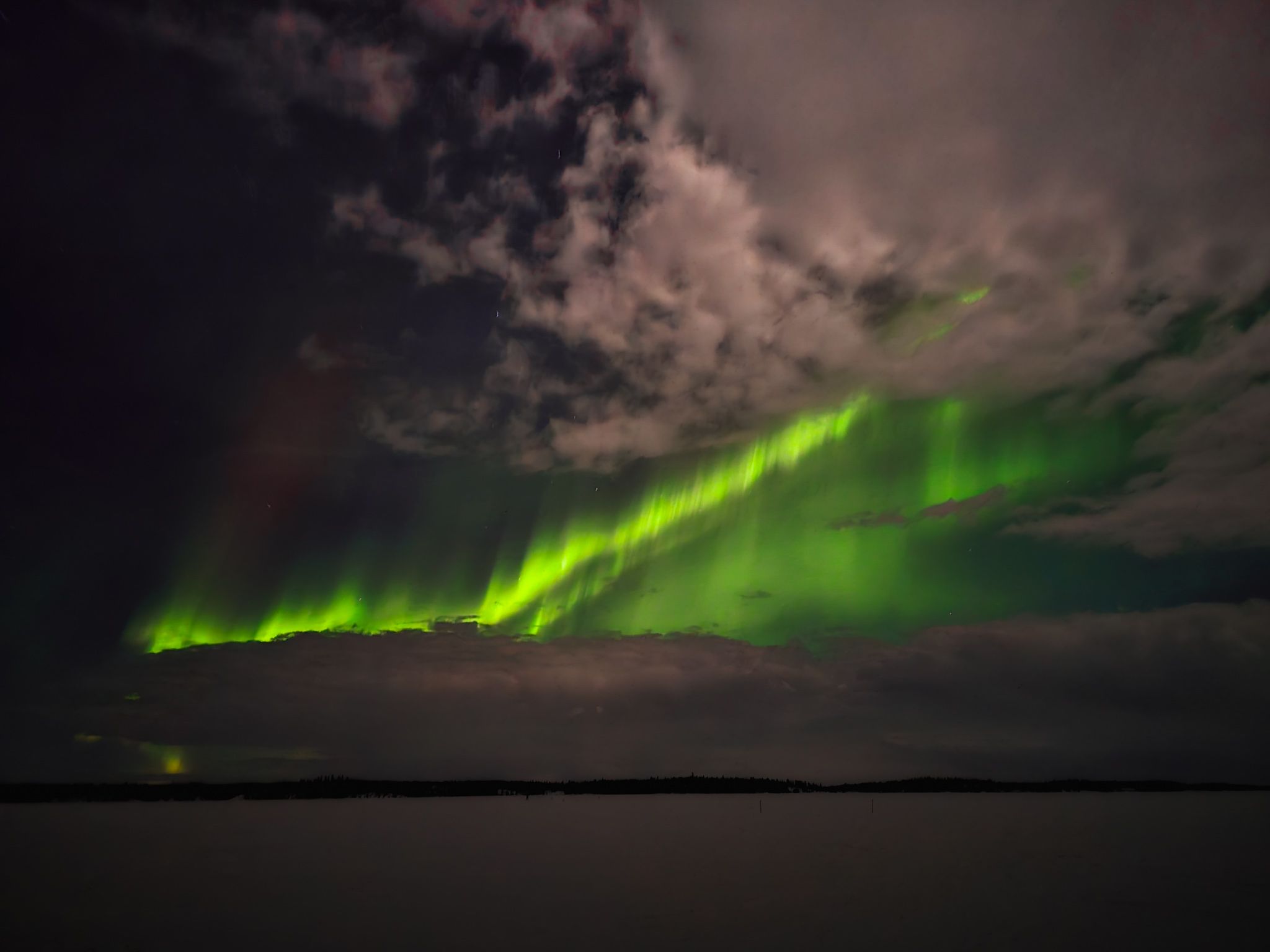 Vibrant green aurora borealis dances across dark night sky with clouds over calm water landscape.