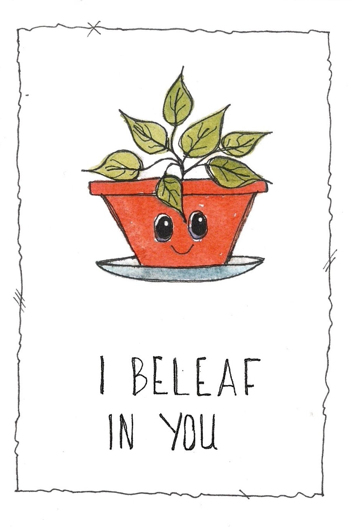 Cartoon potted plants with happy faces and green leaves in terracotta pots with text about belief.