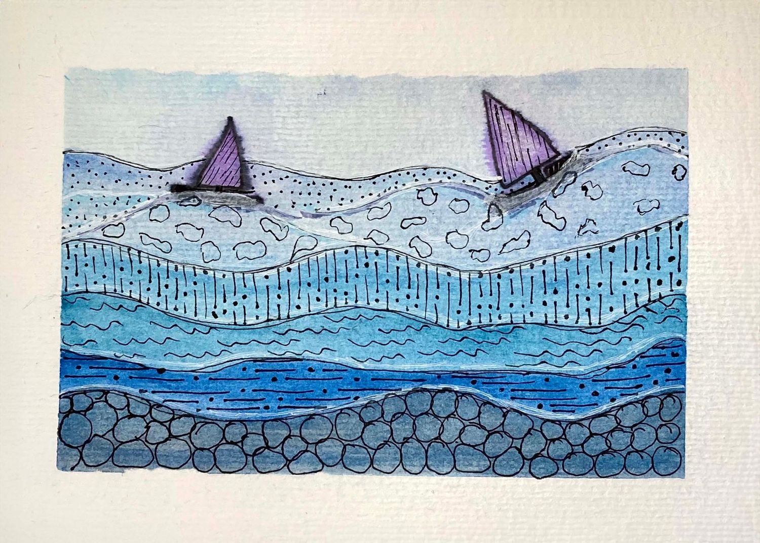 Series of ocean scenes with purple sailboats and patterned waves in blue watercolor.