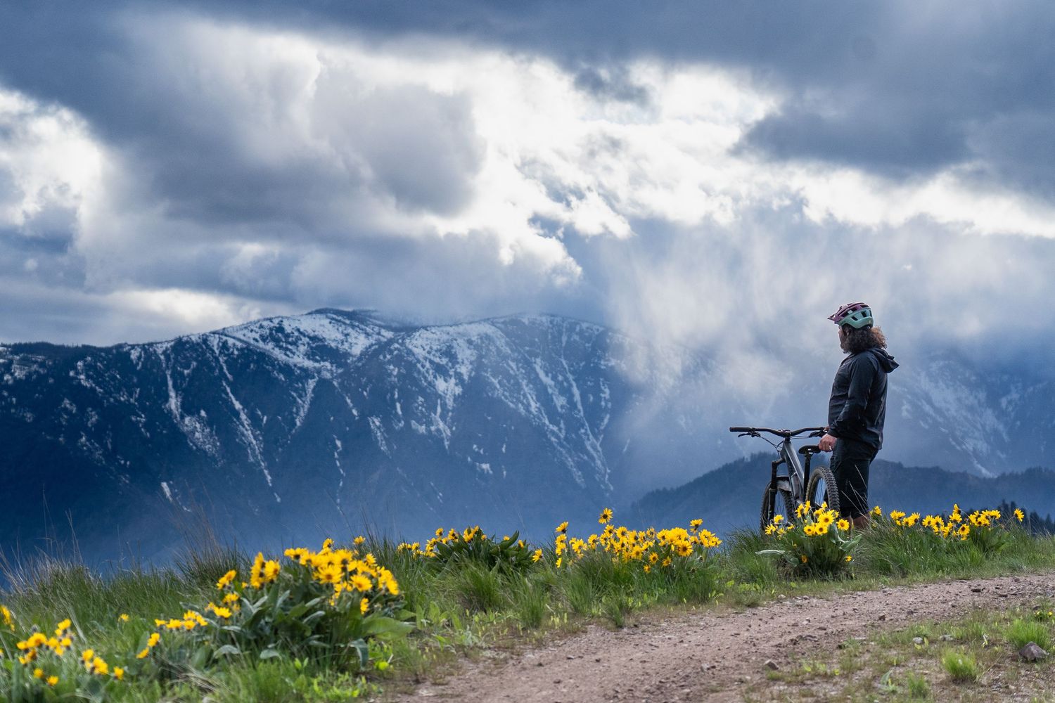 Biker looking at mountains