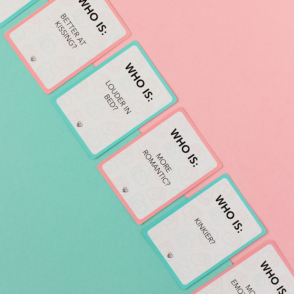 'Who Is' question cards arranged diagonally on pink and turquoise split background.