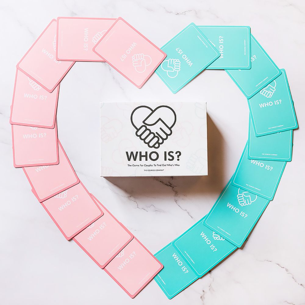 Pink and turquoise 'Who Is' cards arranged in heart shape around logo card.