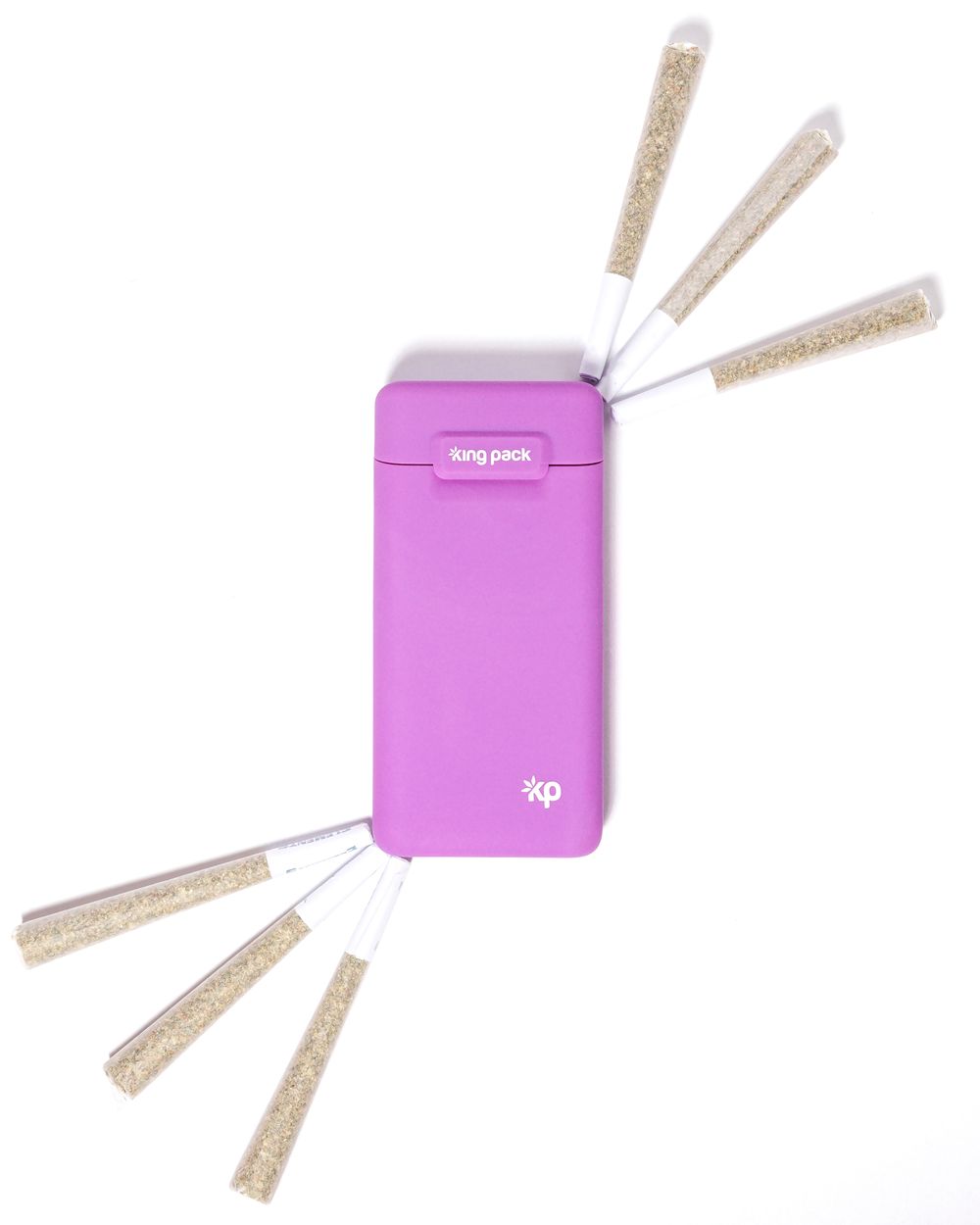 Pink portable device surrounded by pre-rolls arranged in a starburst pattern.