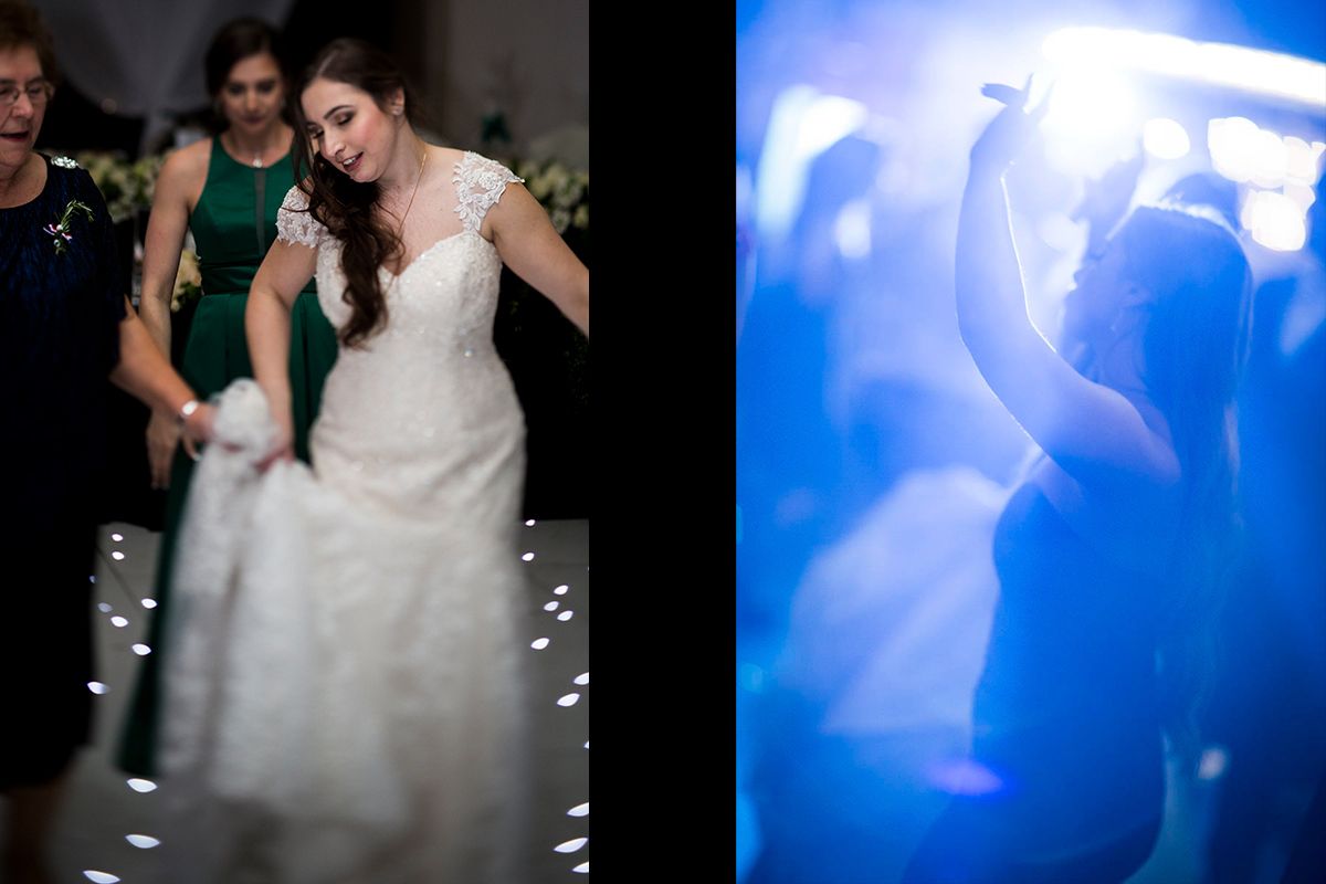 Split image showing bride dancing at reception and silhouette figure in blue lighting.