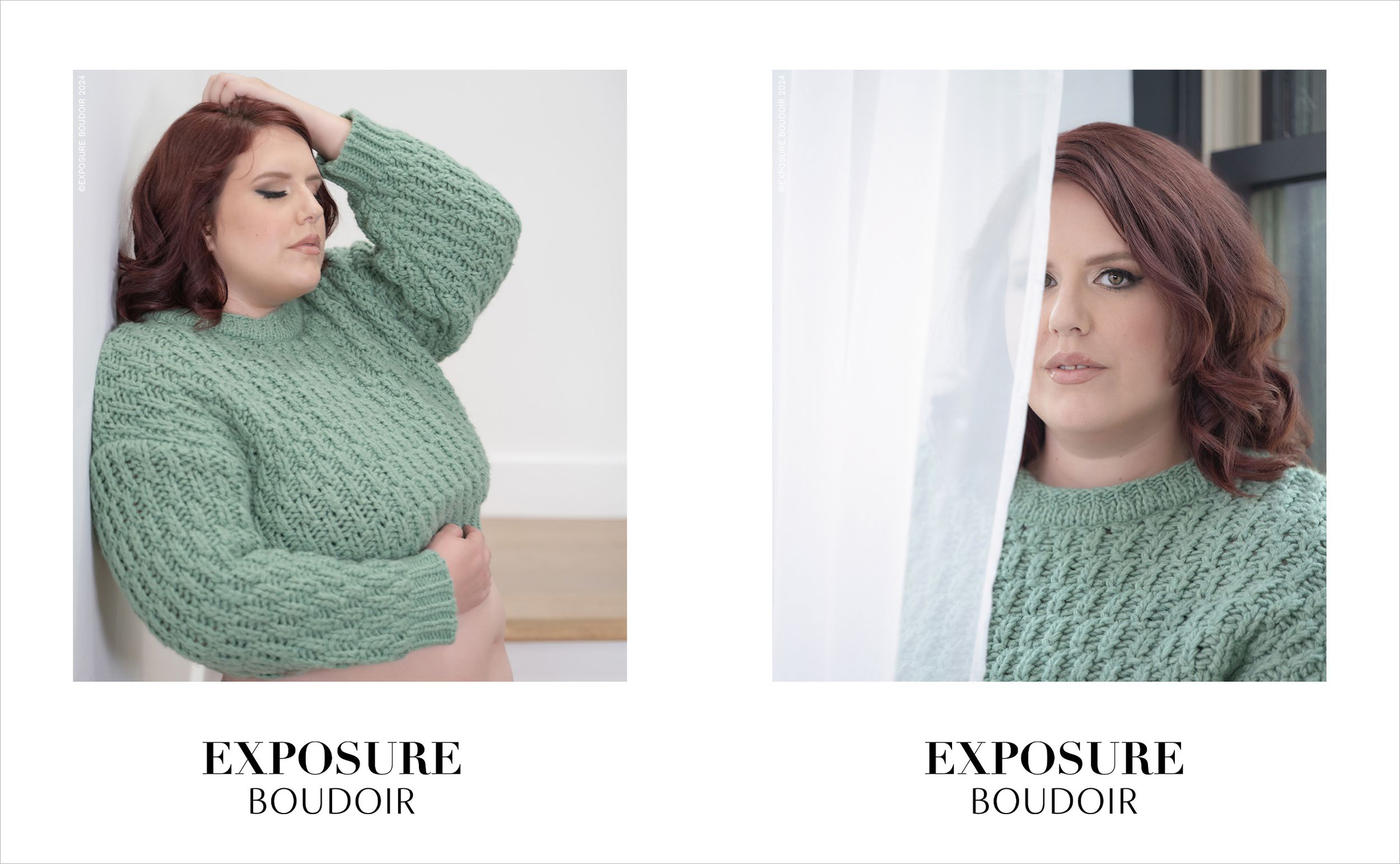 A series of eight profile portraits featuring a woman with red hair wearing a green sweater in different boudoir poses.