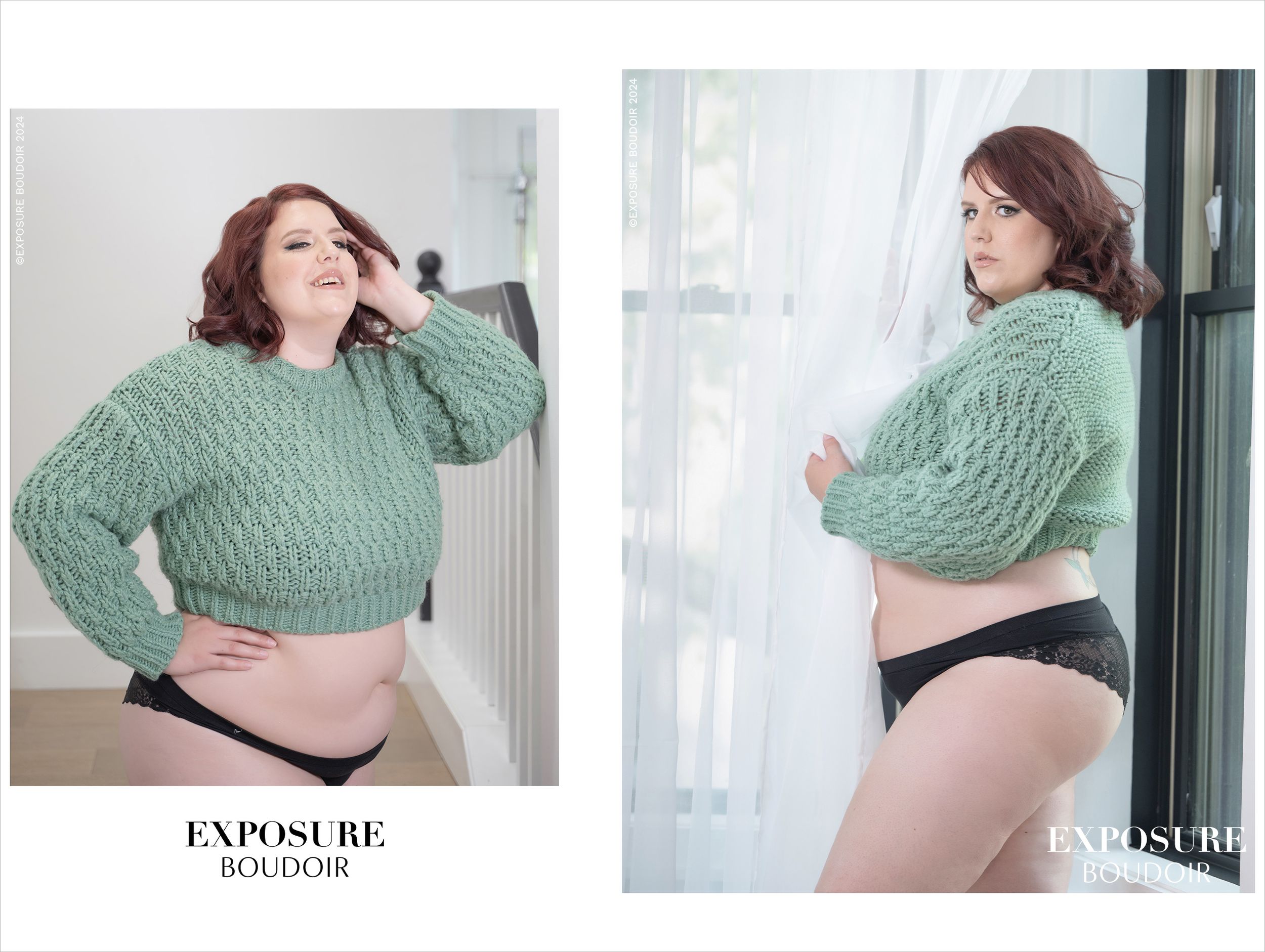 Someone models a cozy sage green cropped sweater against white walls in various poses.