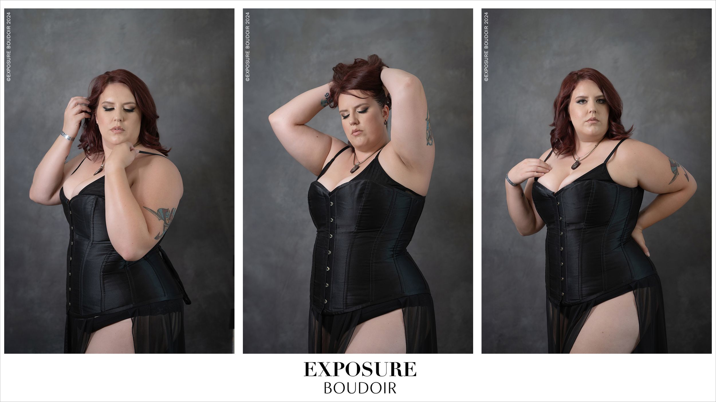 Three artistic boudoir portraits of a model in black lingerie against a gray studio backdrop.