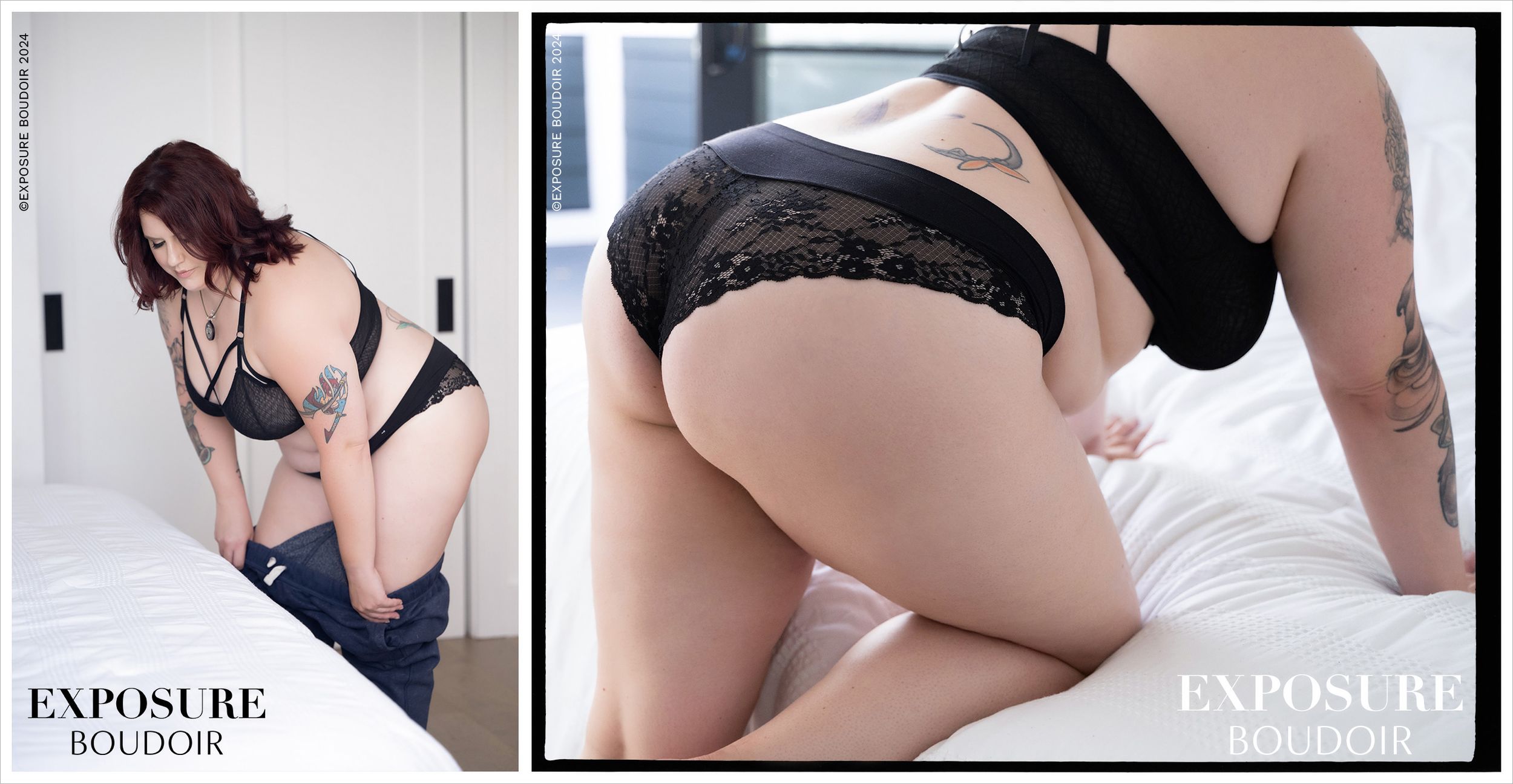 Curvy woman in voyeuristic boudoir shoot set in a bedroom with white sheets.