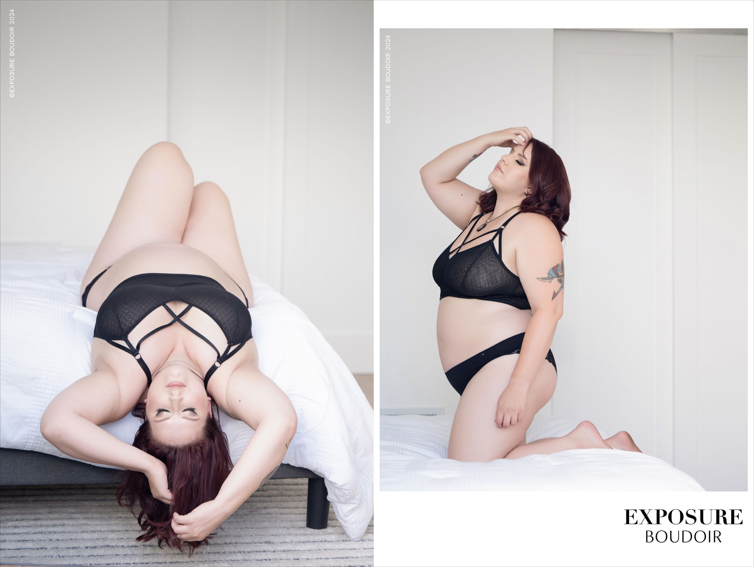 Artistic black and white boudoir photo series showing feminine poses against white background in minimalist setting.