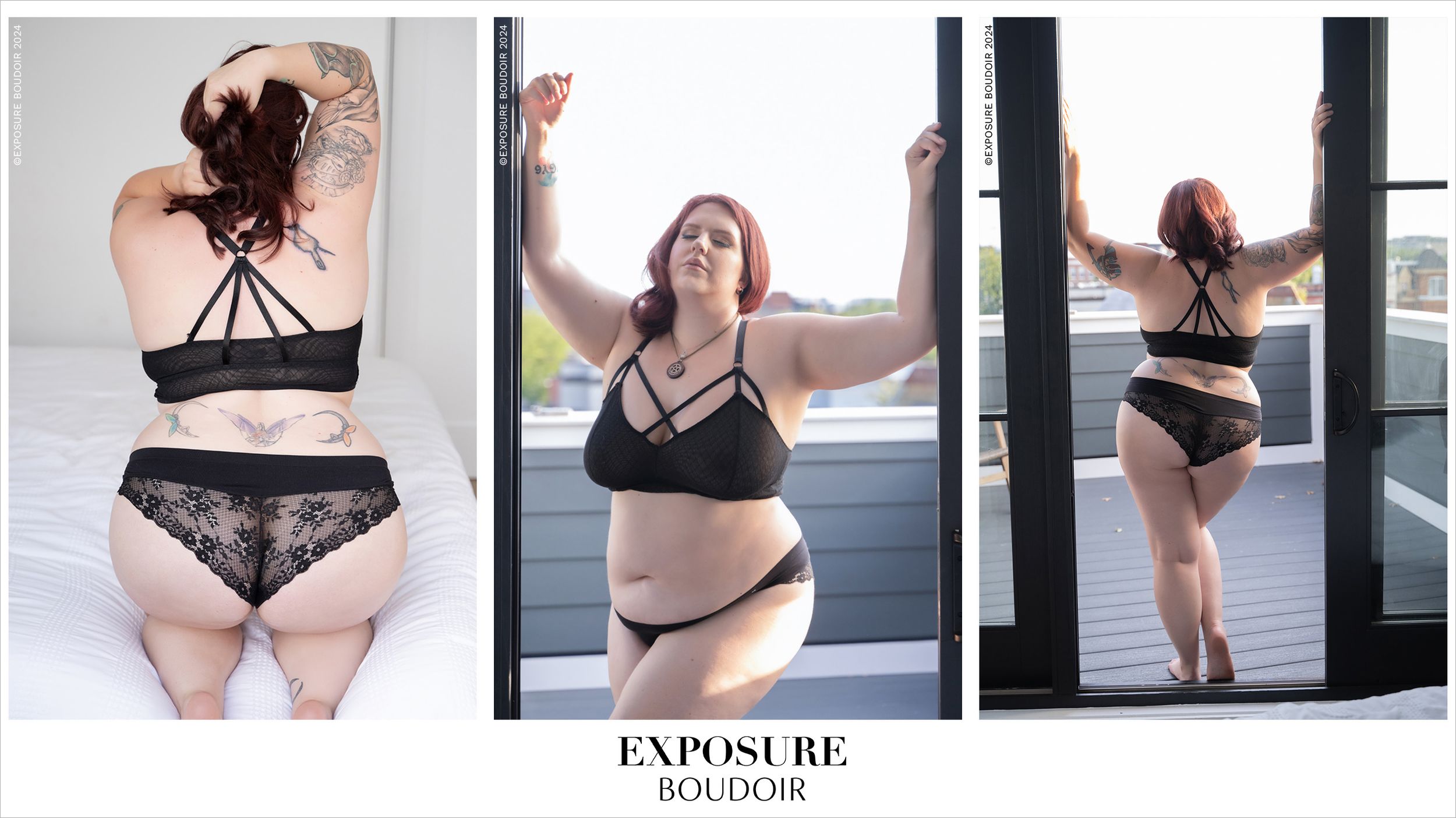 Three artistic boudoir portraits showcasing an elegant model in black lingerie posing against a minimalist backdrop.