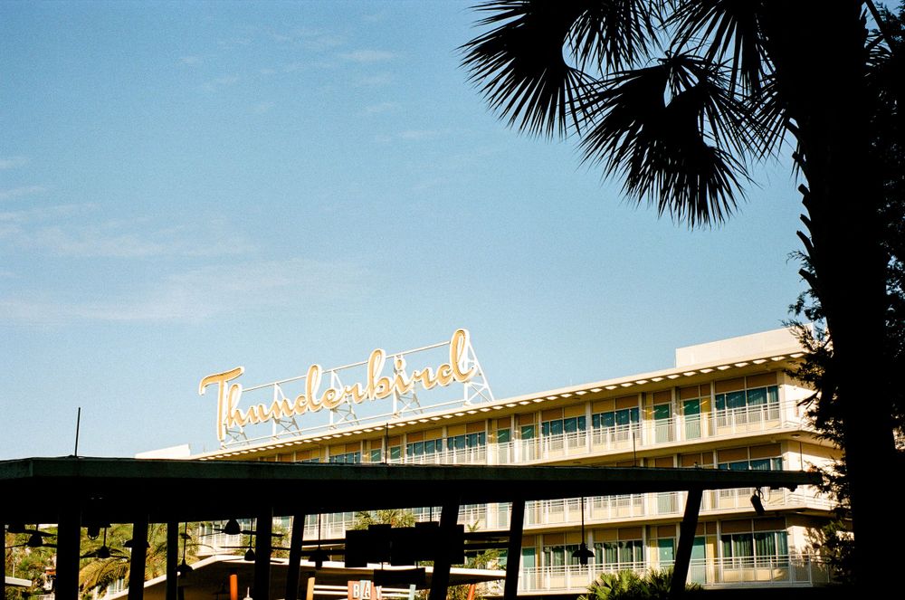 Vintage-style Thunderbird hotel sign against blue sky with palm tree silhouette.