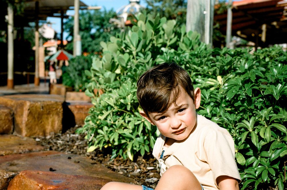 Child sitting near lush green plants in outdoor garden setting.