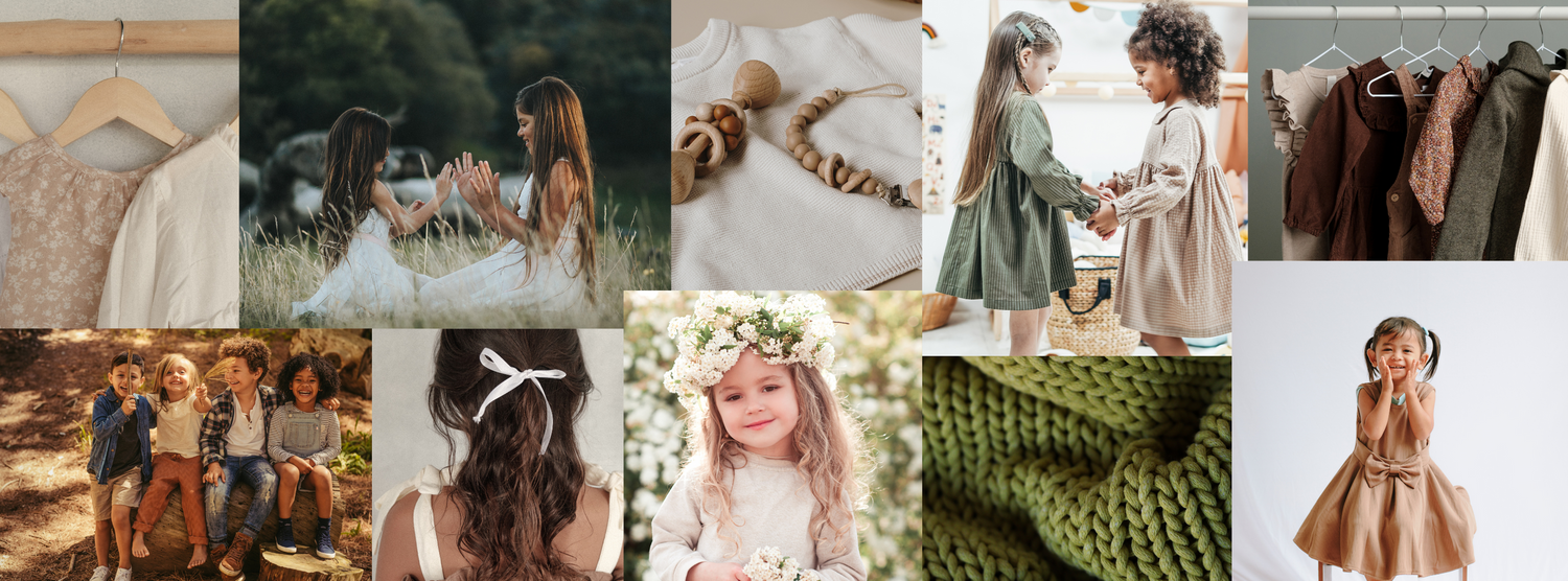 A warm-toned lifestyle photography mood board featuring ethereal outdoor settings in earth tones and natural materials.