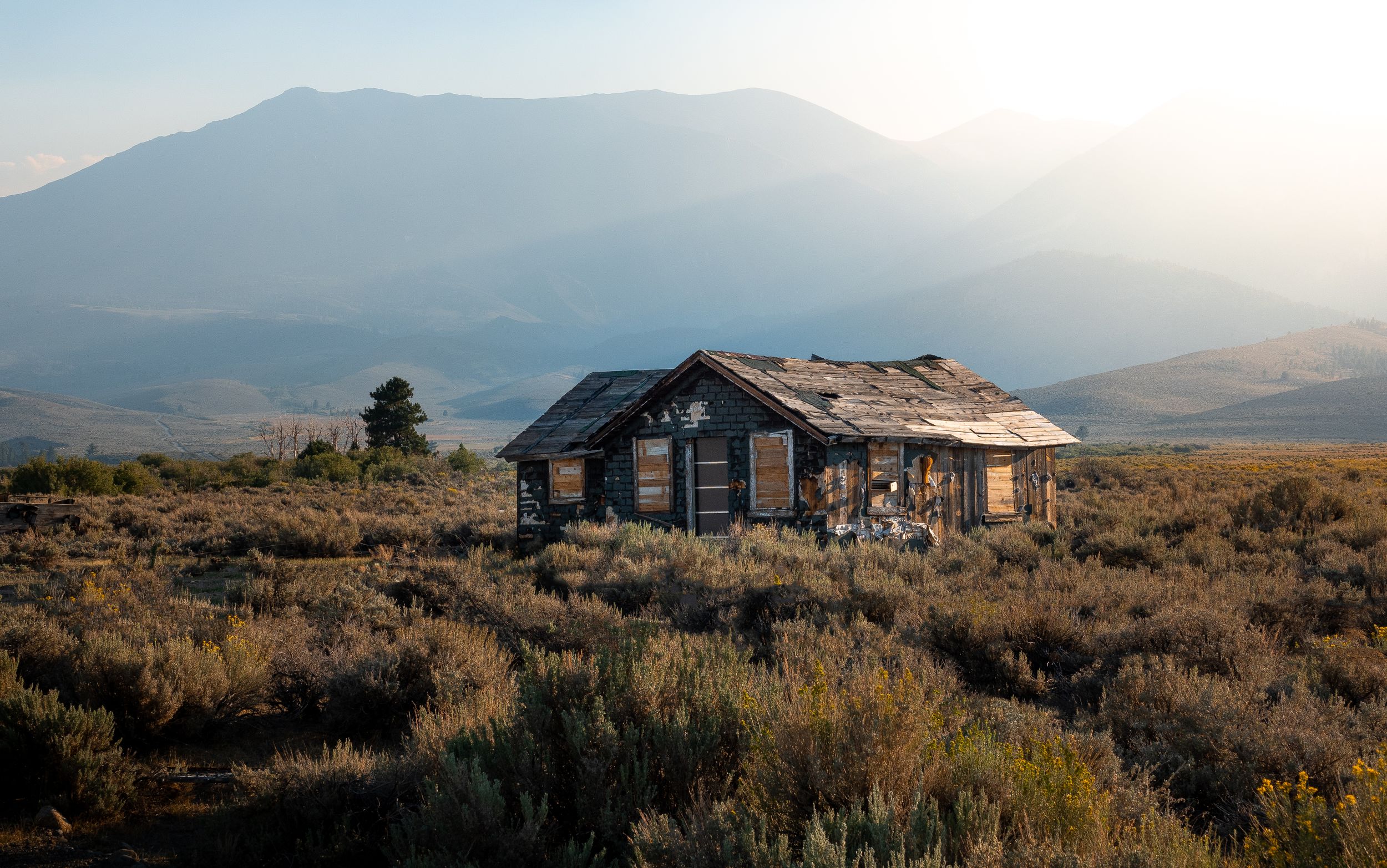 Weathered wooden house nestled in sagebrush with mountains rising in the distance.