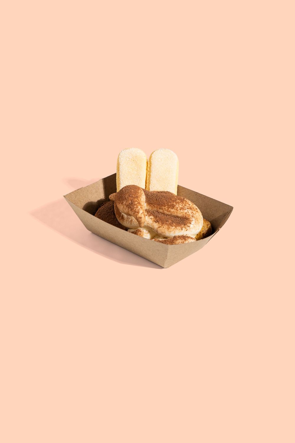 Simple sandwich on light brown bread served in a paper food tray against peach background. Mtlshutter photography