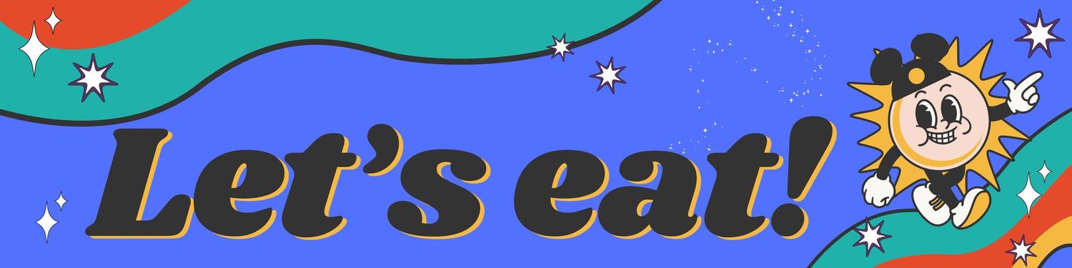 Decorative restaurant banner with sparkles and food-themed designs.