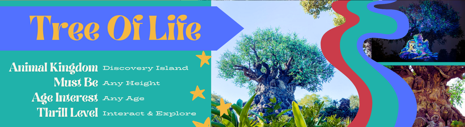 Colorful banner for Disney's Tree of Life attraction with turquoise and rainbow gradient design against blue background.
