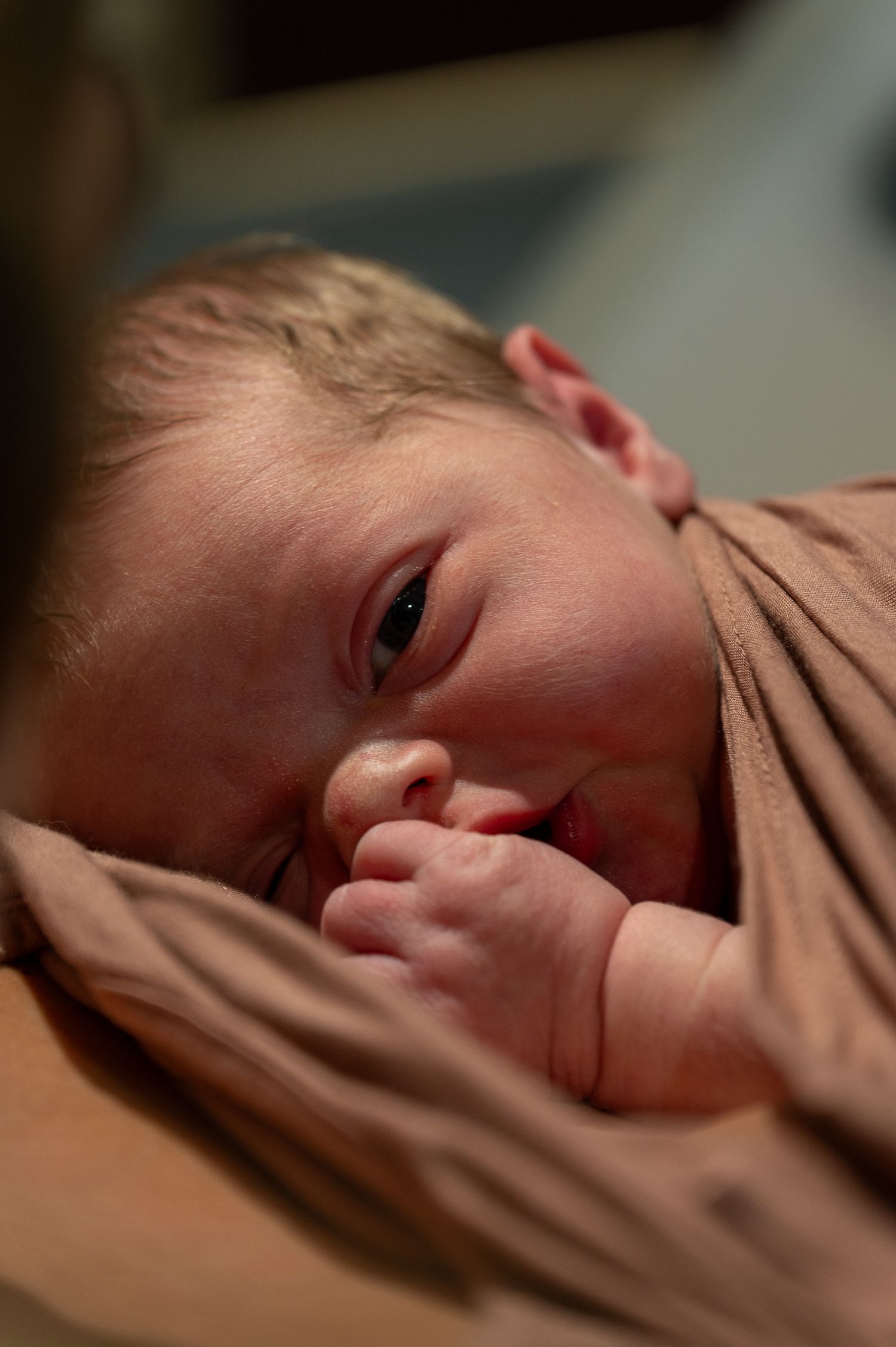 Close-up view of tiny baby feet resting on soft pink fluffy blanket in gentle lighting.