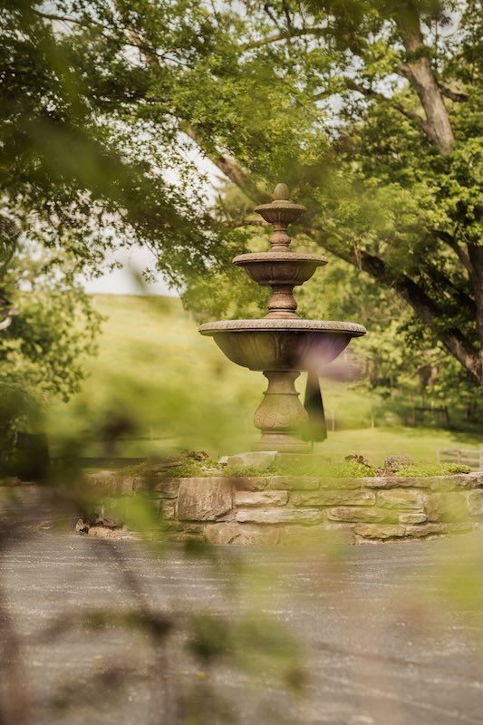 Ornate stone garden fountain surrounded by lush greenery at shady elm farms near pittsburgh pa one of many photo video spots.