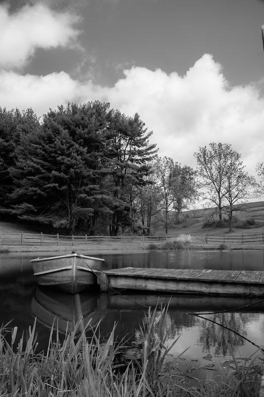 A small rowboat sits moored at a serene lake dock surrounded by pine trees and dramatic clouds in black and white. Shady Elm Farm.