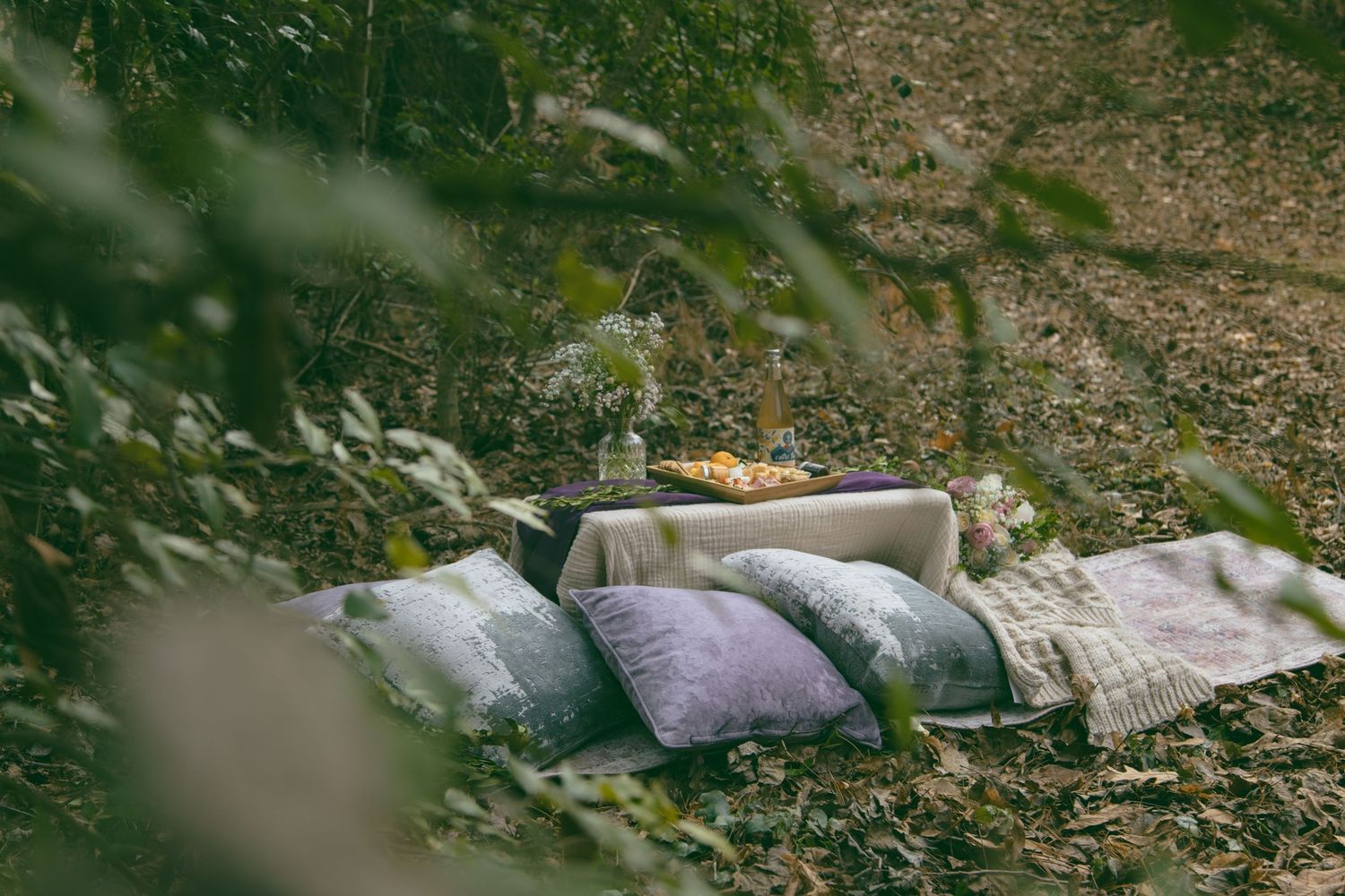 romantic picnic with pillows, florals, at blue ridge mountain overlook near Asheville, N