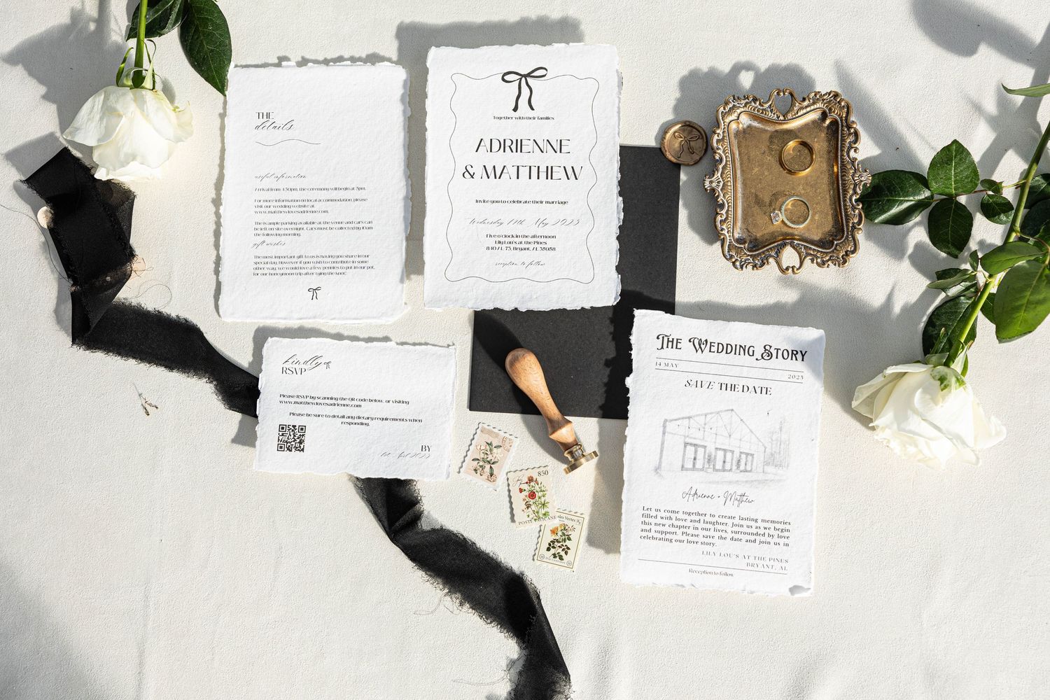 Wedding stationery flat lay with invitation suite, vintage stamps, and botanical elements.
