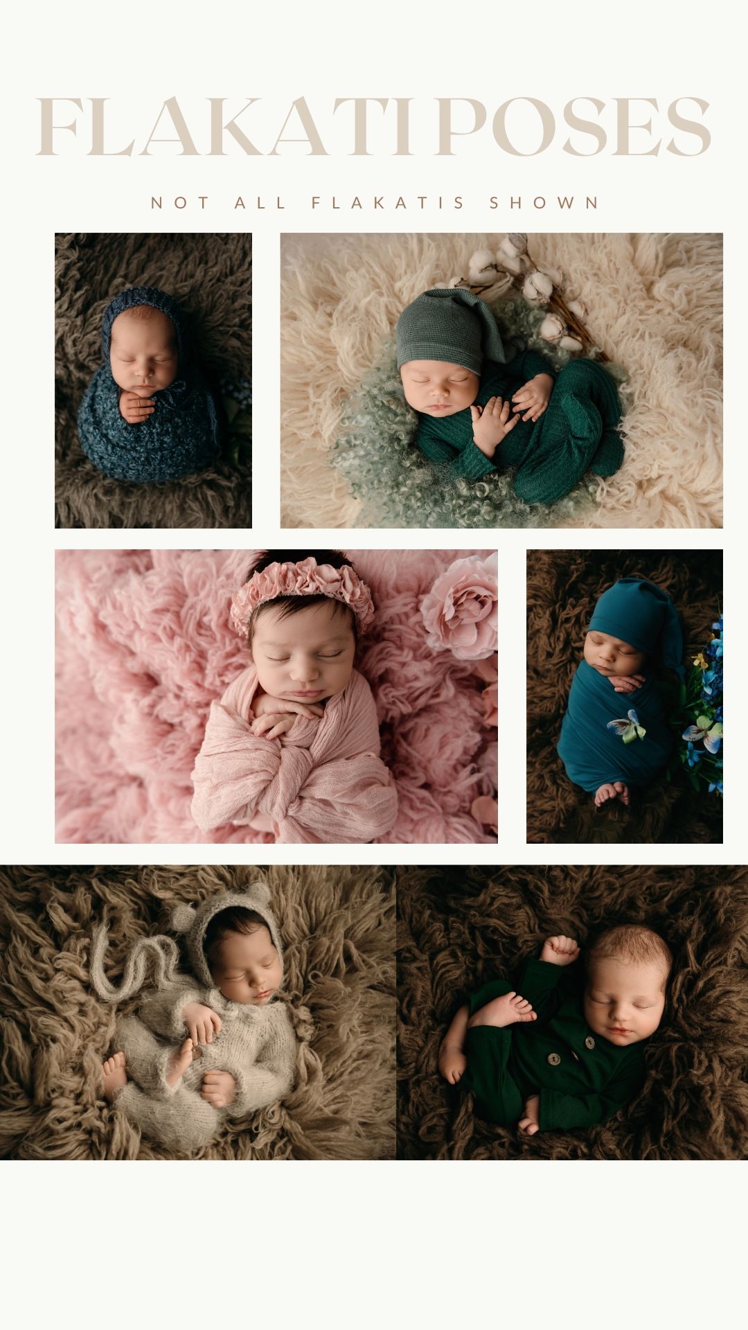 Professional newborn photography poses showcasing babies swaddled in blue, green, pink and neutral colored wraps on textured backgrounds.