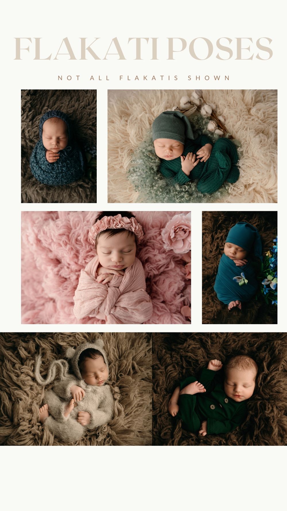 Professional newborn photography poses showcasing babies swaddled in blue, green, pink and neutral colored wraps on textured backgrounds.
