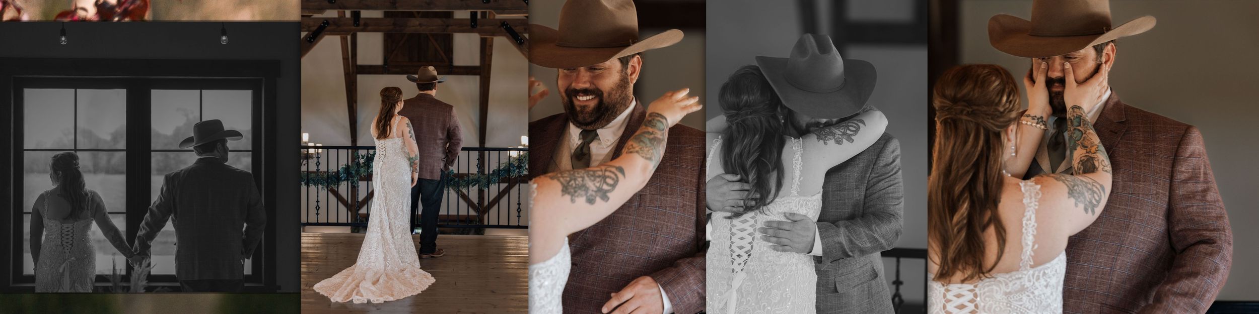 Five black and white wedding photos show intimate and romantic moments between a couple in a naturally lit indoor venue.