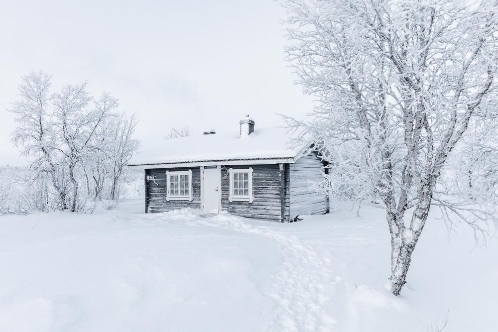 A snowy winter scene shows five rustic buildings nestled among frosted trees in a peaceful countryside landscape.