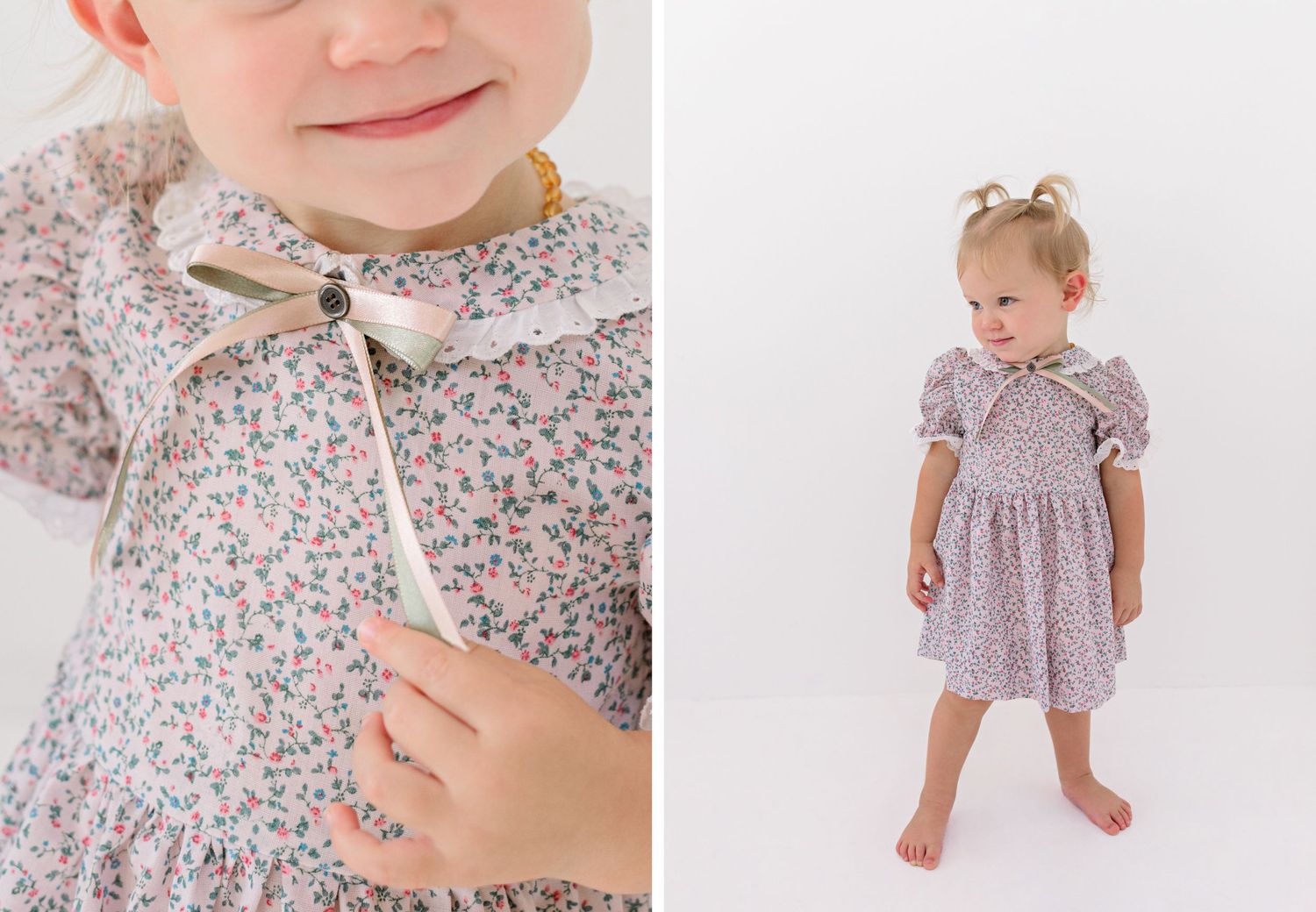 Floral collage showing close-up detail of dress neckline and full length view of toddler in vintage-style smocked dress.