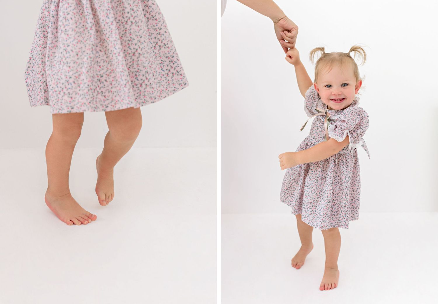 Two photos showing bare feet and floral dress details, one with dancing motion and holding hands against white background.