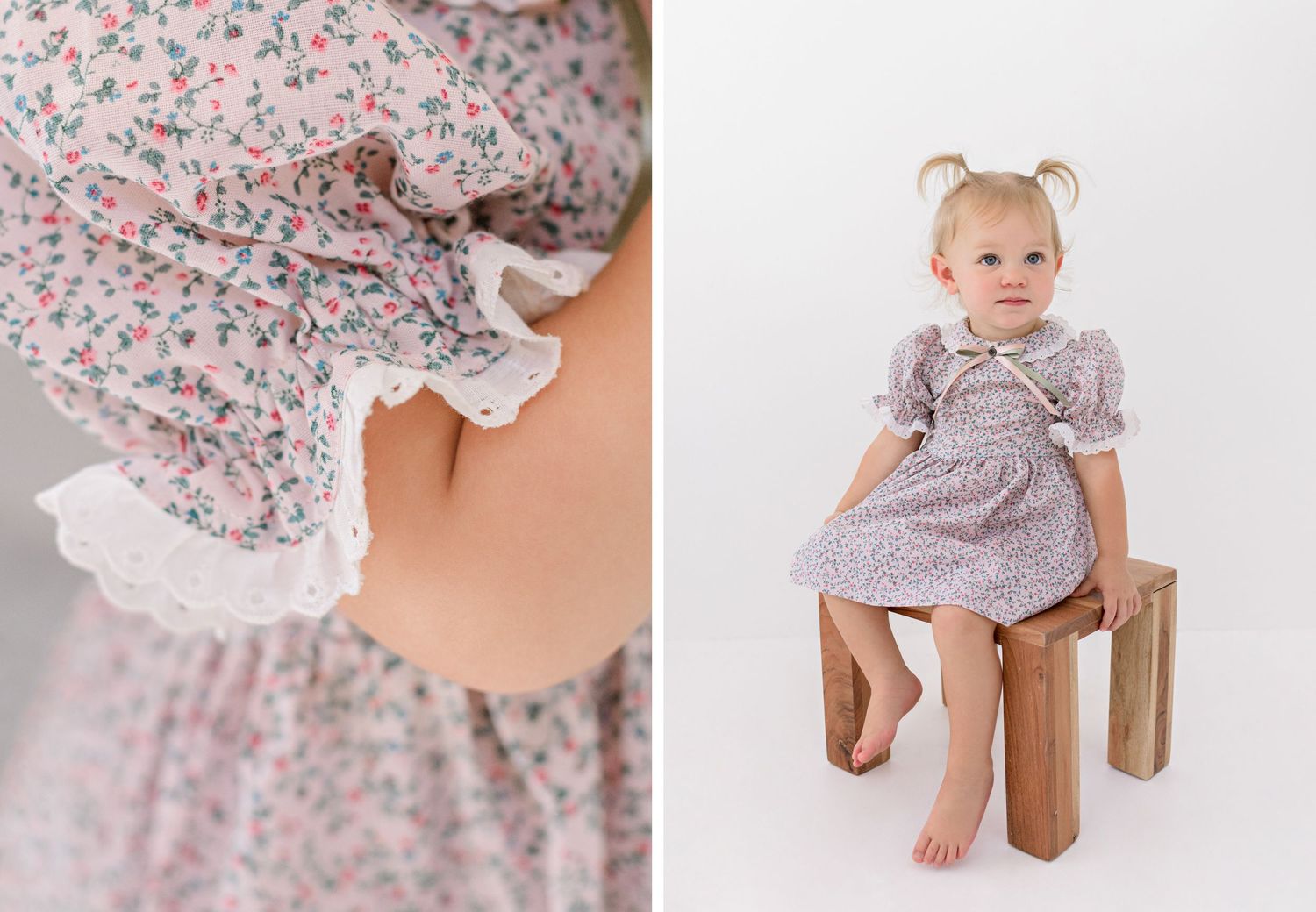 Close-up view of delicate floral print fabric with lace trim next to a small stool staging photo with patterned dress.