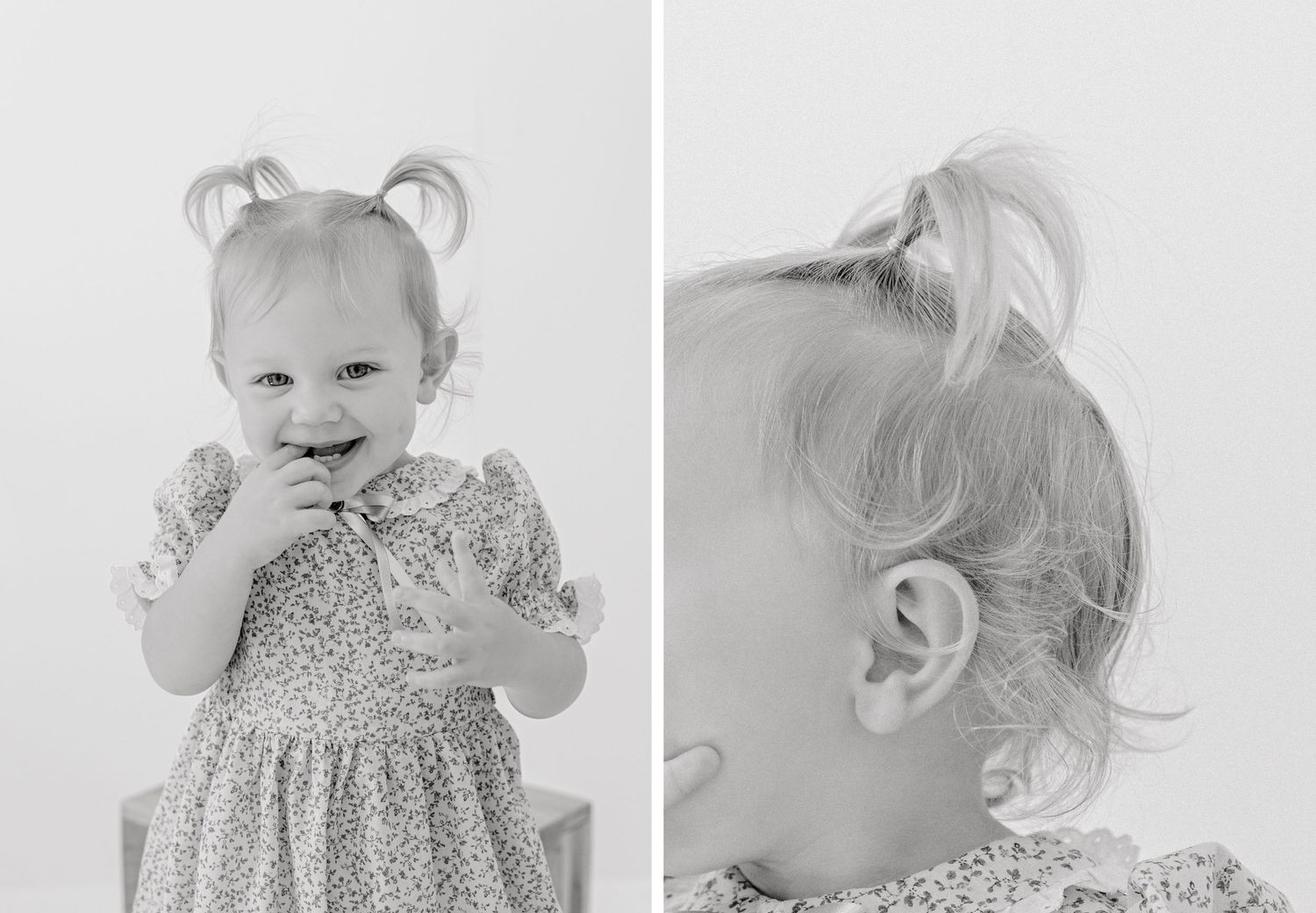Black and white diptych portrait of a cheerful toddler in a floral dress with side view detail of their hair style.